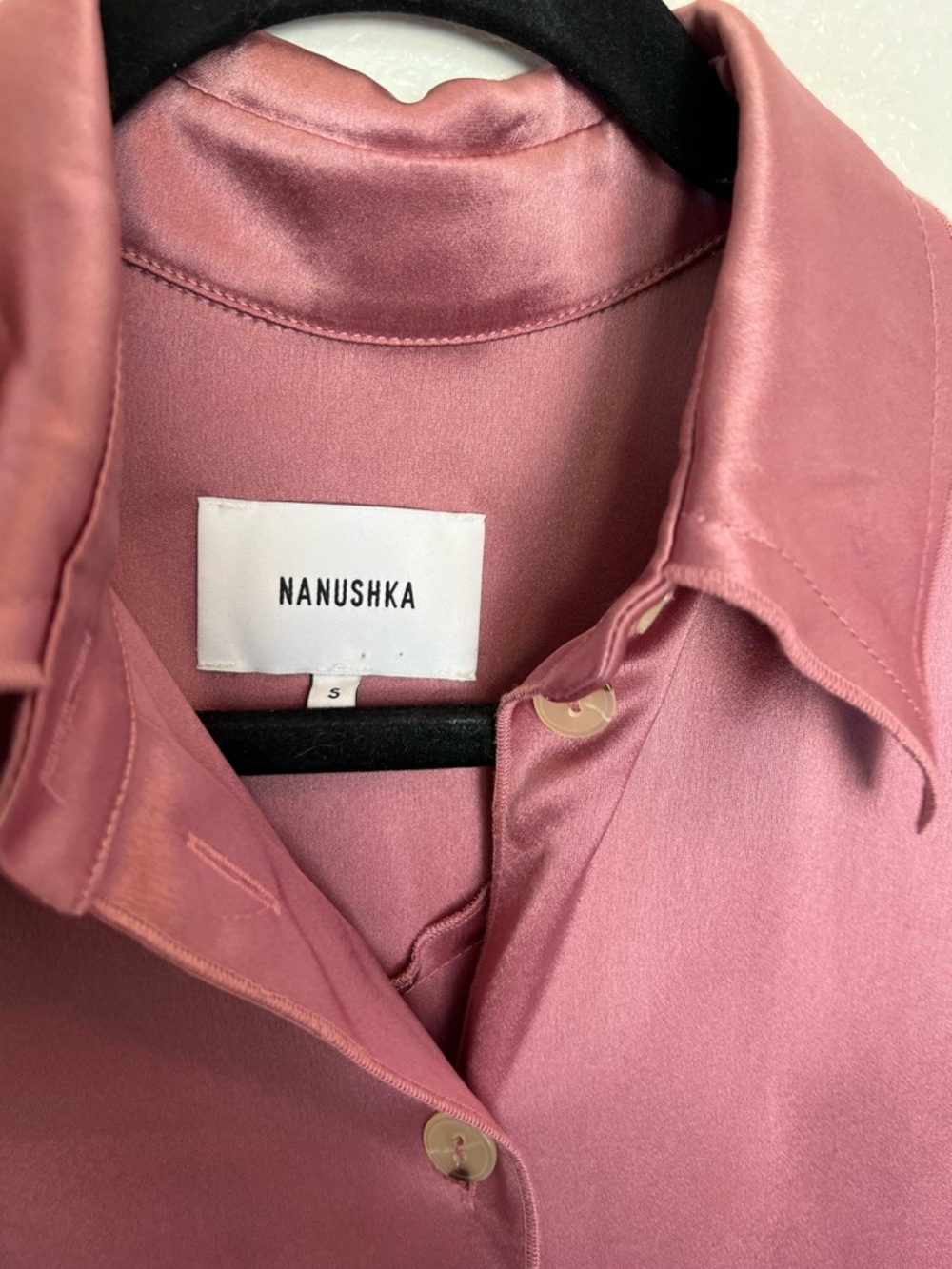 Nanushka Satin Button-Down Long Sleeve Blouse Top Rose Mauve FLAWED - Picture 2 of 7